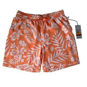 C&C California Men’s Swim Shorts Large Orange Tropical Print 7” Inseam NWT